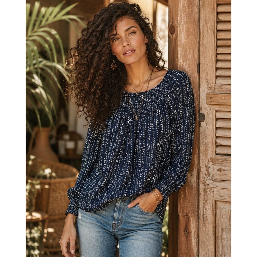 Lucky Brand Cotton Modal Blue White Geometric Smocked Peasant Blouse S/P